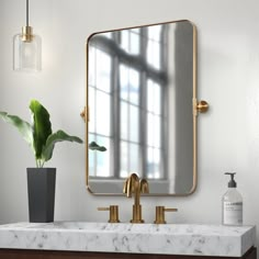 a bathroom sink with a large mirror above it and a plant in a vase on the counter