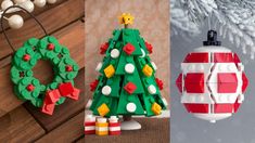 three different christmas ornaments are hanging on the wall and one is made out of legos