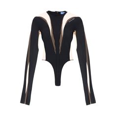 a women's black and white bodysuit with long sleeves, two tone stripes on the back