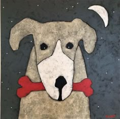 a painting of a dog with a red bow tie on it's collar and the moon in the background