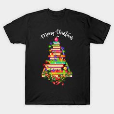 Books Christmas Tree Shirt Gift For Librarian Nerd -- Choose from our vast selection of Crewneck and V-Neck T-Shirts to match with your favorite design to make the perfect graphic T-Shirt. Pick your favorite: Classic, Boxy, Tri-Blend, V-Neck, or Premium. Customize your color! For men and women. Black T-shirt With Christmas Print, Books Christmas Tree, Gift For Librarian, Books Christmas, Book Christmas Tree, Christmas T Shirt Design, Christmas Tree Shirt, Gifts For Librarians, Tree Shirt