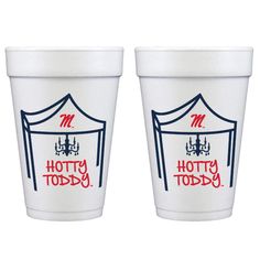 two white cups with red and blue lettering on them, one has a tent design