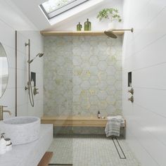 a bathroom with a skylight and tiled walls