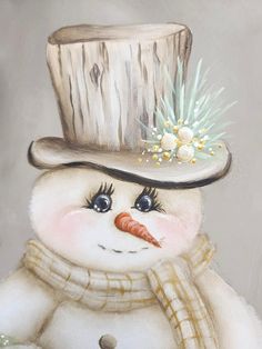 a painting of a snowman wearing a hat and scarf