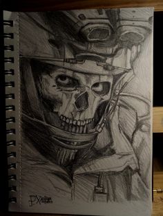 a drawing of a skeleton wearing a helmet