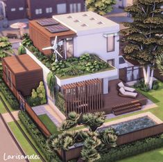 an artist's rendering of a house with trees and plants on the roof top