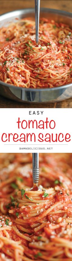 an easy tomato cream sauce is being stirred in a skillet