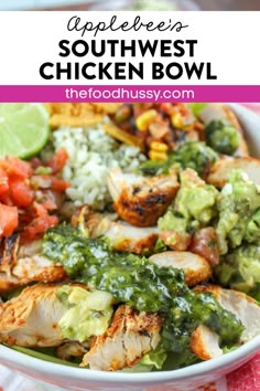 a white bowl filled with chicken and guacamole