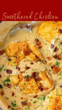 a pan filled with chicken covered in gravy