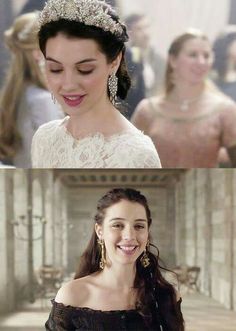 two pictures of the same woman in different dresses and tiaras, one is smiling