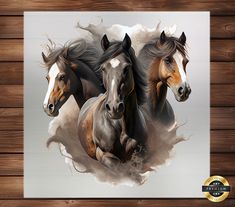 three horses running in the wind on a wooden wall