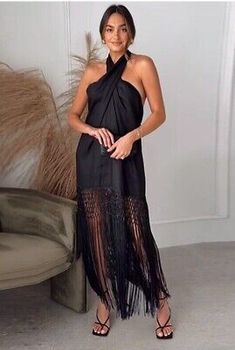 Great Shopping Black Linen Tassled Fringe Dress, Womens Dresses Elegant Beach Midi Dress With Fringe, Elegant Fringe Dresses For Vacation, Summer Cocktail Midi Dress With Fringe, Fringe Fashion, Summer Fashion Beach, Fringe Dress, Dresses Summer, Black Linen, Flowing Maxi Dress