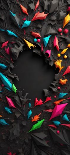 an abstract black background with colorful shapes in the shape of a heart on top of it