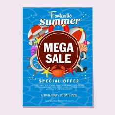 a flyer for a summer mega sale with balloons and other items on the water surface