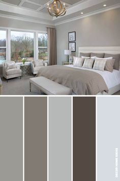 a bedroom with gray walls and white furniture in the center, along with neutral colors