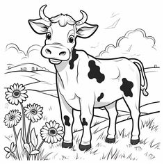 a black and white cow standing in the grass with daisies on it's side