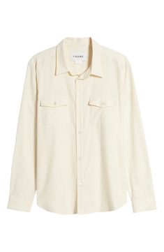 The wardrobe-essential button-up gets an elevated makeover in this utility-inspired shirt cut from a supersoft blend of cotton and merino wool. Front button closure Spread collar Long sleeves with button cuffs Chest button-flap patch pockets Curved hem 80% cotton, 20% merino wool Dry clean Made in Portugal Cream Button Up, Cream Colored Button Up, Business Casual Button-up Shirt With Flap Pockets, Cream Cotton Button-up Shirt, Unstructured White Button-up Top, Cream Button-up Blouse With Button Closure, Cut Shirts, Wardrobe Essentials, Button Up Shirts