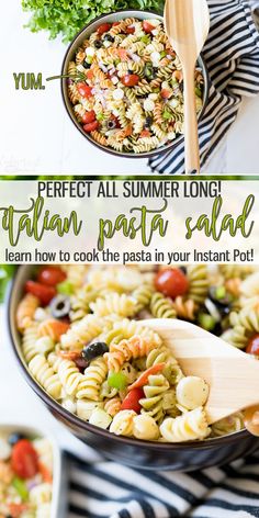 a bowl filled with pasta salad next to another bowl full of vegetables and sauces