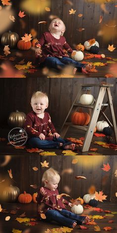 a baby sitting on the ground surrounded by fall leaves