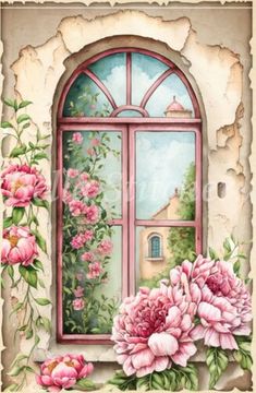 an old window with pink flowers on the outside and green leaves around it, painted in pastel colors