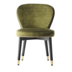 a green chair with black legs and gold trimmings on the back, against a white background