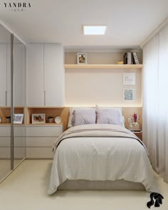 a bedroom with white walls and flooring has a built in book shelf above the bed