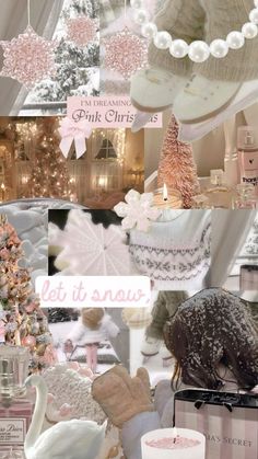 a collage of pink and white christmas decorations