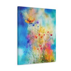 an abstract painting with colorful flowers and blue sky in the background canvas wall art print