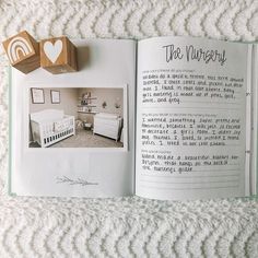 an open book with pictures and words on the pages, including a baby's crib