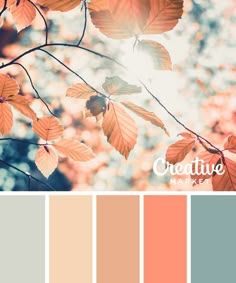 the color palette is peach, blue and green with some red leaves on it's branches