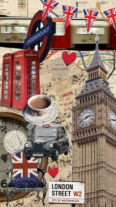 an image of london collage with the big ben clock tower and british symbols on it