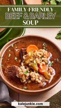 a bowl filled with beef and barley soup