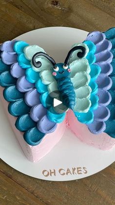 a blue and pink butterfly cake on a white plate