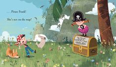 there is a cartoon pirate and a dog in the grass near a trunk with a sign that says, please frank she's not on the map