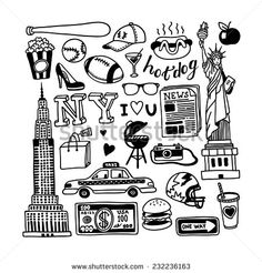 the new york city skyline with various symbols and things to see on it in black and white