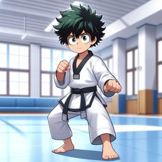 an anime character is doing karate in a gym