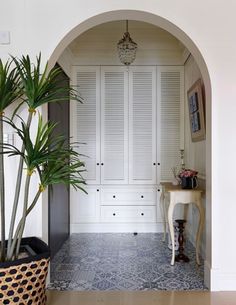 an archway leading to a bedroom with white closets and large potted palm tree