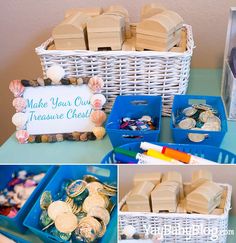 there is a basket full of seashells and other items on the table, along with a sign that says make your own treasures chest