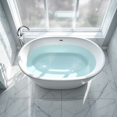 #Luxurious #Spa Bath: A pristine white #freestanding bathtub filled with pale blue water basks in gentle morning light through frosted windows. #bathtub #minimal #luxury #modern #spa #aiart #aiphoto #stockcake ⬇️ #Download and 📝 #Prompt 👉 https://stockcake.com/i/luxurious-spa-bath_1648881_1217131