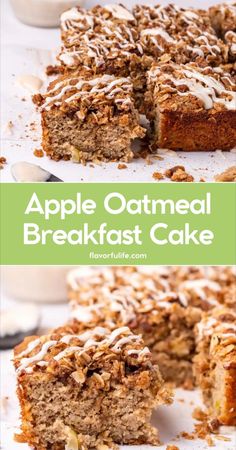 an apple oatmeal breakfast cake is cut into slices