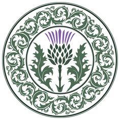 an art nouveau design with thistles and leaves in a circular frame on a white background