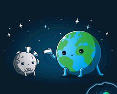 an image of two cartoon characters in front of the earth and one holding a megaphone