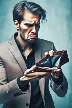 a man in a suit holding an empty wallet and looking at the inside of it