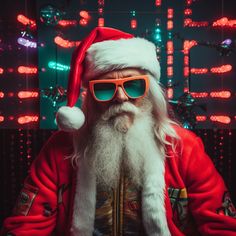 a man wearing sunglasses and a santa hat with lights in the back ground behind him