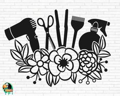 flowers and hairdryers on a brick wall, with the words salon written in black