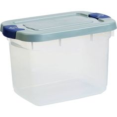 a plastic storage box with blue handles and lid on the bottom is shown in front of a white background