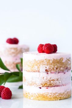 three layer cake with raspberries on top and green leaves in the foreground