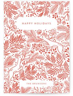 a red christmas card with the words merry christmas on it and an image of deers,