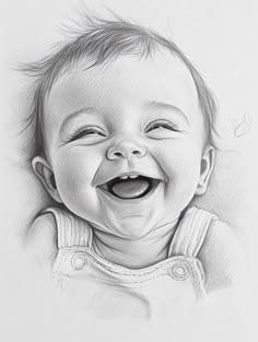 a pencil drawing of a laughing baby