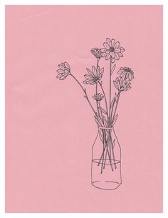 a drawing of flowers in a vase on a pink background